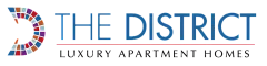 Logo for The District Luxury Apartment Homes featuring colorful mosaic design.