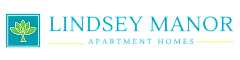 Elegant logo of Lindsey Manor Apartment Homes featuring a stylized green lotus against a blue background.