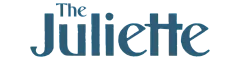 Elegant blue 'The Juliette' logo against a black background.