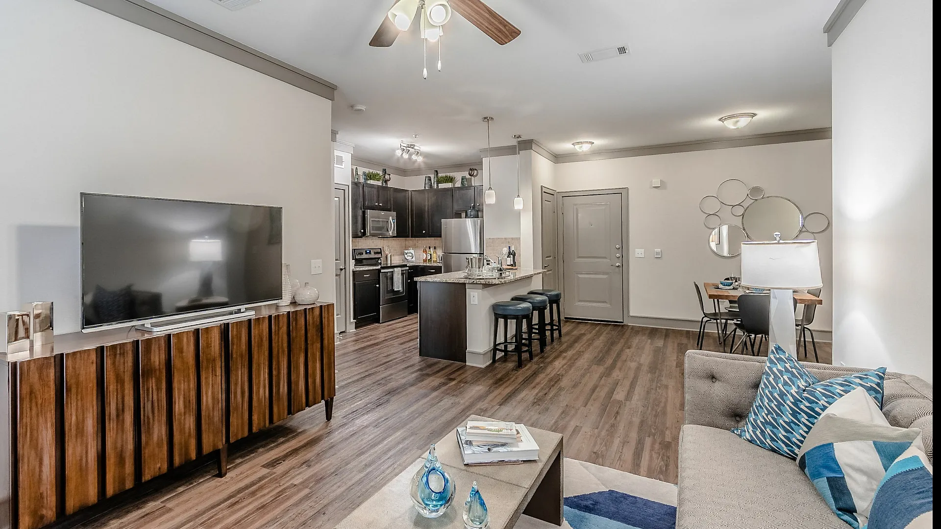 Open layout Living room with wood style flooring