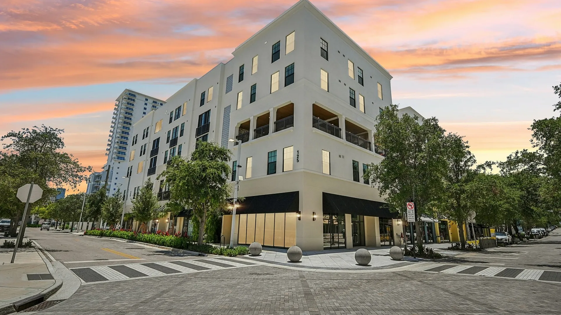 Exterior of community at sunset