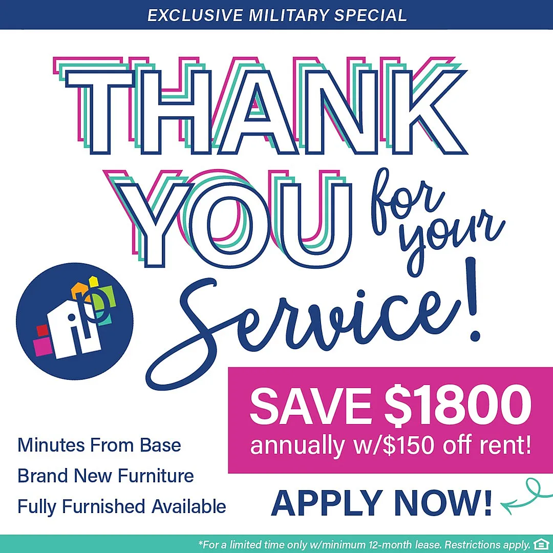 Exclusive military special offer: Save $1800 annually with $150 off rent on fully furnished apartments with brand new furniture. Minutes from base, apply now!