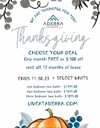 NOVEMBER SALE: Lease an apartment and choose your savings! Receive up to $1,899.00 worth of savings! Subject to change without notice. Available on limited units, while supplies last.