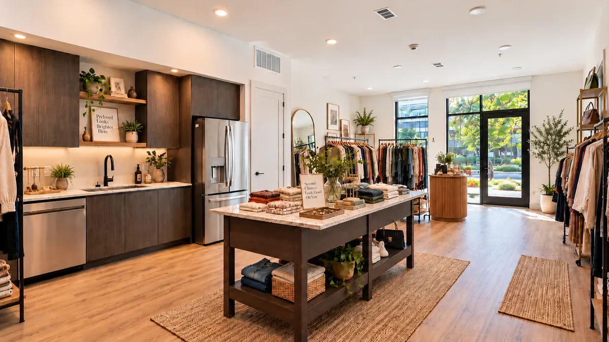 Concept image of a Live/Work space set up as a clothing boutique with garment racks and a display table