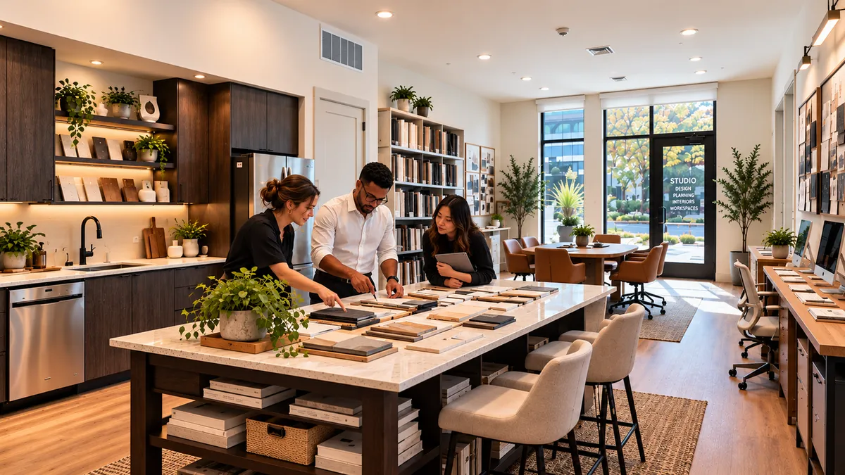 Concept image of a Live/Work space used as a design studio, with a small team reviewing samples at a large worktable