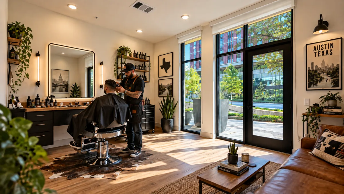Concept image of a Live/Work space set up as a modern barbershop with a styling chair, wood shelving and tall windows