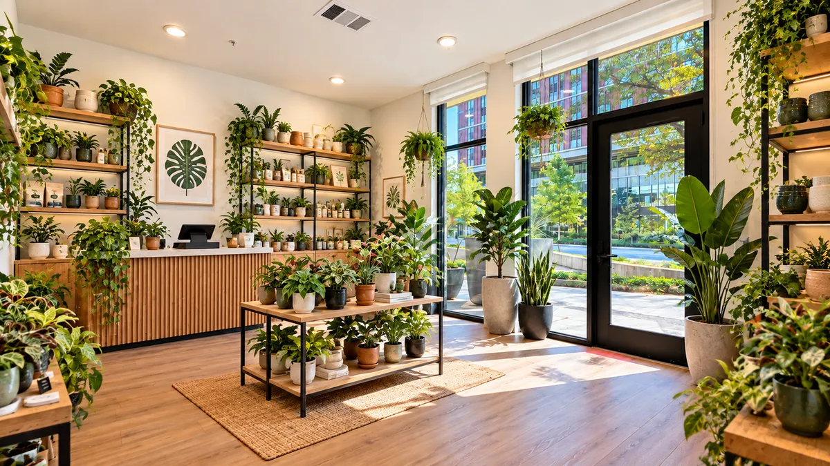 Concept image of a Live/Work space set up as a sunlit plant boutique with wood shelves full of potted plants
