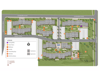 Vibrant community site map showcasing modern townhomes and apartments, nestled amidst lush greenery with amenities like firepits and an outdoor kitchen.