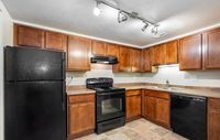Modern kitchen with rich wooden cabinets, sleek black appliances, and track lighting, perfect for culinary enthusiasts.
