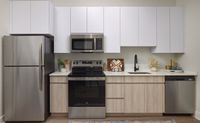 Sleek kitchen with white cabinets, stainless steel appliances, wood accents, and minimalist decor.