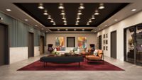 Modern lobby featuring elegant seating, contemporary art, and stylish lighting accents.