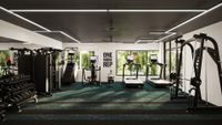Modern gym facility with state-of-the-art fitness equipment, bright natural lighting, and motivational decor.