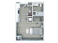 Modern studio apartment floor plan showcasing an open-concept layout with a cozy sleeping area, compact kitchen, dining space, and a spacious bathroom.