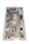 Modern studio apartment floor plan with spacious bedroom, open kitchen, and cozy living area, featuring elegant wood flooring and ample storage.