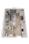 Modern 3D floor plan showcasing a cozy studio apartment with an open kitchen, spacious bedroom area, and elegant bathroom layout.