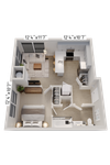 Modern 1-bedroom apartment floor plan featuring an open living area, sleek kitchen with island, and spacious bedroom suite with walk-in closet and full bathroom.