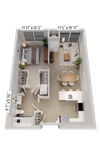 Modern 3D floor plan featuring a spacious 1-bedroom layout with an elegant living area, open-concept kitchen, and cozy dining space.