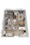 Chic open-concept floor plan showcasing a cozy bedroom, spacious living and dining area, modern kitchen, and elegant bathroom.