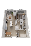 Modern 3D floor plan showcasing a well-appointed apartment with an open-concept living area, stylish kitchen with island, cozy bedroom, and contemporary bathroom.