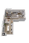 Modern apartment floor plan featuring a spacious single bedroom, open-concept living and dining area, and a stylish kitchen with bar seating. Includes ample closet space and a well-designed bathroom.