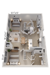 Chic 3D floor plan showcasing a modern apartment with two spacious bedrooms, an open living and dining area, sleek kitchen, and ample storage space.