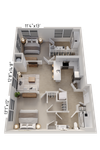 Contemporary 3D floor plan showcasing two spacious bedrooms, an open living area, and a modern kitchen with sleek finishes.