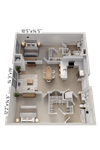 Elegant 3D floor plan showcasing two spacious bedrooms, an open-concept living and dining area, and a modern kitchen.