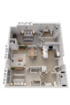 Modern 3D floor plan showcasing a spacious layout with two bedrooms, an expansive living area, and a contemporary kitchen.