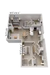 Modern 3D floor plan showcasing 2 bedrooms, an open-concept living and dining area, and a stylish kitchen. Spacious interiors feature ample closet space and contemporary design layout.