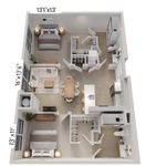 Modern 3D floor plan featuring two spacious bedrooms, open-concept living and dining area, sleek kitchen, and ample storage space.