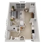 Modern studio apartment floor plan featuring a cozy bedroom area with fitted wardrobes, stylish living space, contemporary kitchen, and elegant bathroom. Perfect urban living with optimized functionality.