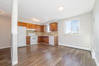 Bright and airy kitchen with modern wooden cabinetry, sleek appliances, and large window for natural light.