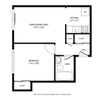 Chic 1-bedroom floor plan featuring a spacious living/dining area, modern kitchen, and ample closet space, offering comfort and style.