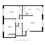 Chic floor plan showcasing 2 cozy bedrooms, modern kitchen with dining area, and inviting living space.