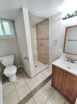 Bright and modern bathroom featuring a sleek tiled shower, elegant vanity, and efficient layout.