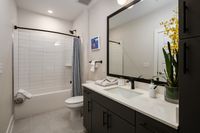 Elegant bathroom featuring modern fixtures, a spacious vanity, and luxurious shower with tiled walls, complemented by stylish decor and vibrant accent plant.