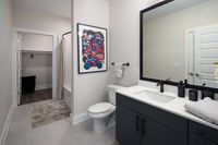 Contemporary bathroom featuring sleek dark cabinetry, modern fixtures, and vibrant wall art, with an inviting shower and ample closet space.
