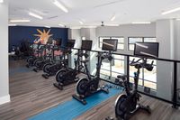 Modern gym with sleek exercise bikes featuring digital screens, vibrant artwork, and abundant natural light.