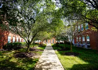 Framed by trees and thoughtfully placed architecture, this quiet courtyard path invites peaceful walks and sunset chats.