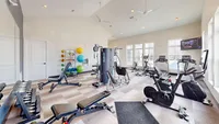 Treadmills, a spin bike, rowing machine, and free weights. This fitness center covers all the bases without the gym crowd. State-of-the-art fitness center with modern equipment, including treadmills, exercise bikes, and weight machines against a backdrop of bright, sunlit windows.