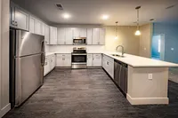 Modern kitchen with sleek stainless steel appliances, elegant white cabinetry, and stylish pendant lighting.