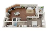 Modern 3D floor plan showcasing a cozy one-bedroom apartment with an open-concept kitchen, elegant living area, and a private balcony.