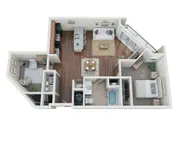 Modern 3D floor plan showcasing a two-bedroom apartment with an open kitchen, cozy living area, and elegant bathroom.