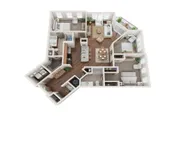 Elegant 3D floor plan showcasing a spacious layout with three bedrooms, open living and dining areas, modern kitchen, and private balcony access.