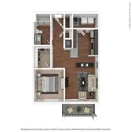 Modern floor plan featuring 1 spacious bedroom, a cozy living room, sleek kitchen, and private balcony, perfect for stylish living.