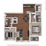 Stylish 3D floor plan featuring two spacious bedrooms, modern open-concept living and dining area, sleek kitchen with granite countertops, and two luxurious bathrooms, perfect for contemporary living.