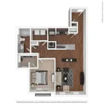 Modern 1-bedroom apartment floor plan featuring an open-concept kitchen and living room with elegant wood flooring.