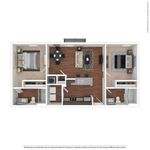 Modern 2D floor plan showcasing 2 bedrooms, a stylish living room, and an open kitchen with a breakfast bar.
