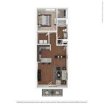 Modern 2D floor plan showcasing a stylish 1-bedroom apartment with open living and dining area, sleek kitchen, bathroom, and private balcony.