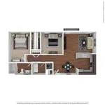 Elegant floor plan showcasing 2 bedrooms, open living space, modern kitchen, and stylish decor.